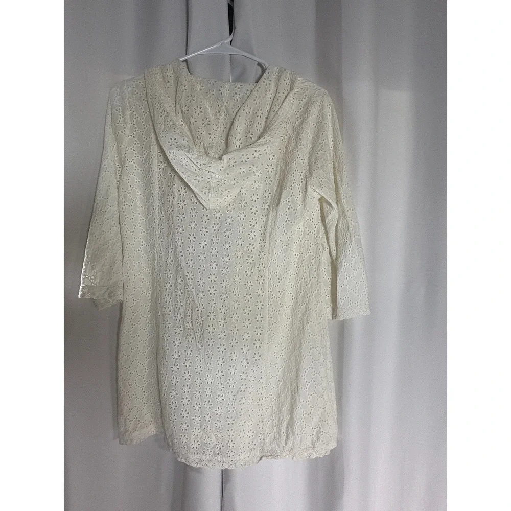 Solitaire Swim White Eyelet Lace Hooded Tunic Cover Up XL Boho Beach V-Neck